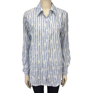 SENSUNIQ PARIS Cotton Striped Blue White Buttoned Up Embroided Floral Shirt sz M